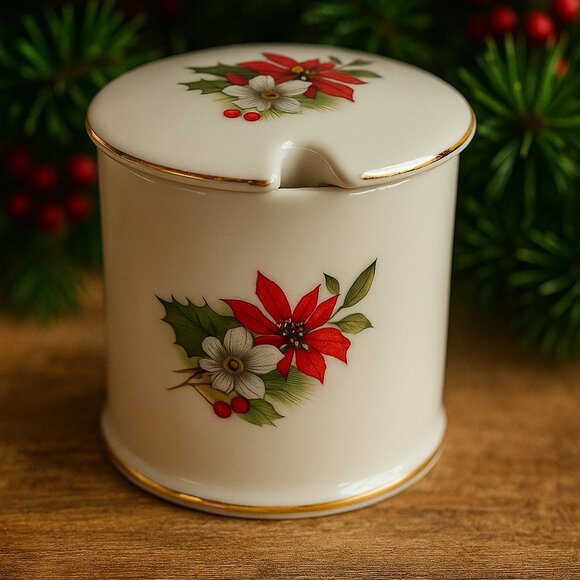 Christmas lidded Jam or sugar bowl. Sadler England. Vintage. Poinsettia - Picture 1 of 12